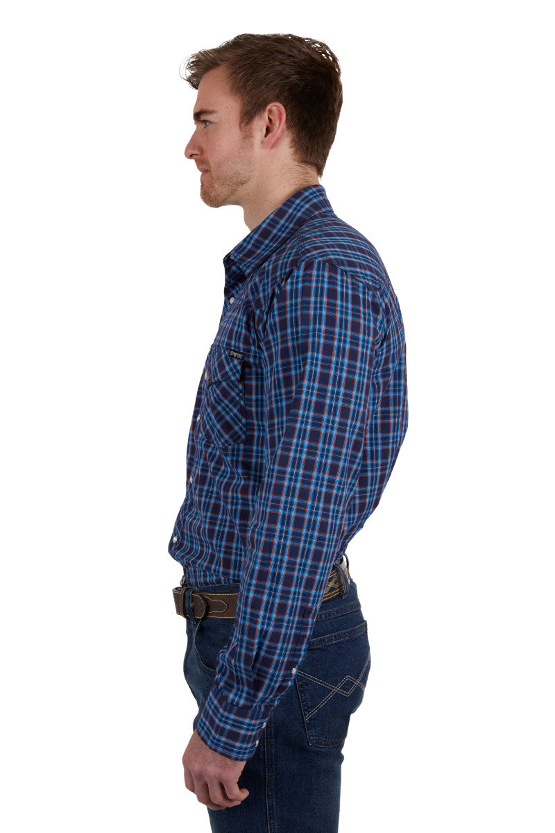 PURE WESTERN MENS ROWAN LONG SLEEVE SHIRT (NAVY/RED) - SALE