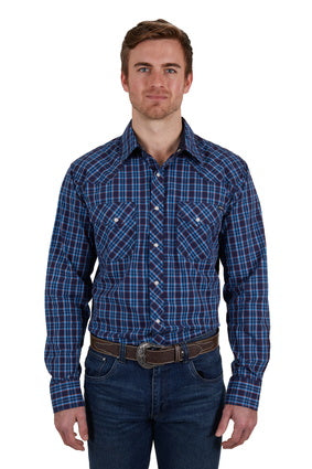 PURE WESTERN MENS ROWAN LONG SLEEVE SHIRT (NAVY/RED) - SALE