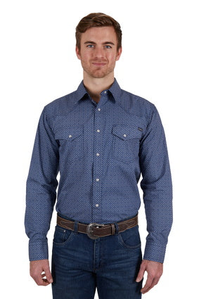 PURE WESTERN MENS MELVILLE LONG SLEEVE SHIRT (NAVY/WHITE) - SALE