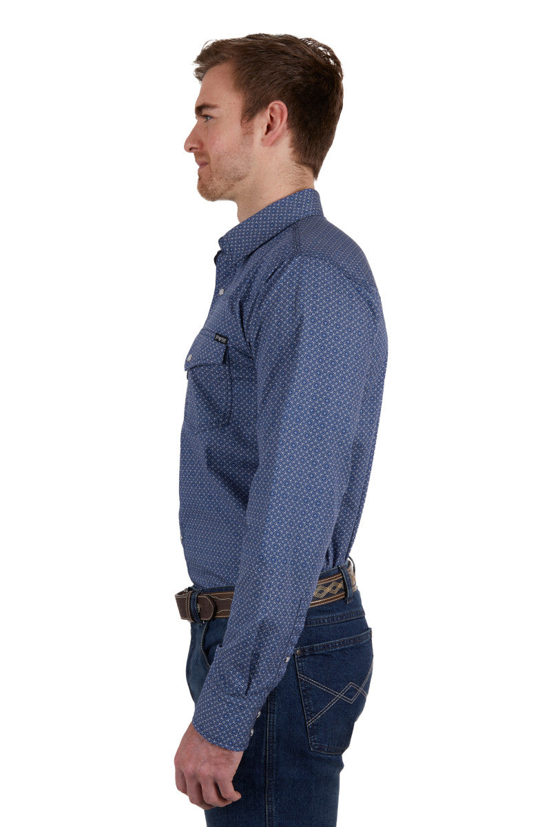 PURE WESTERN MENS MELVILLE LONG SLEEVE SHIRT (NAVY/WHITE) - SALE