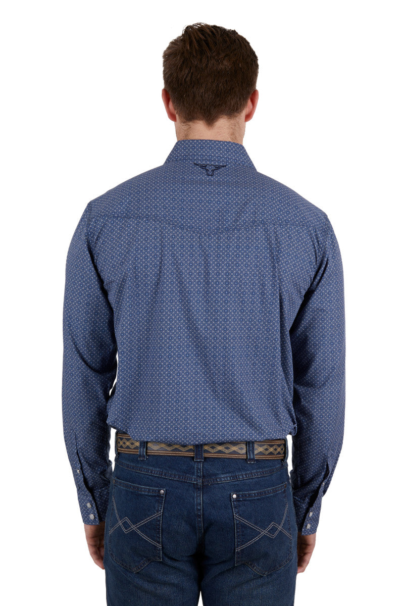 PURE WESTERN MENS MELVILLE LONG SLEEVE SHIRT (NAVY/WHITE) - SALE