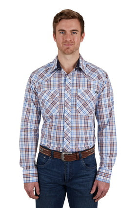 PURE WESTERN MENS LUCAS LONG SLEEVE SHIRT (WHITE/BLUE) - SALE