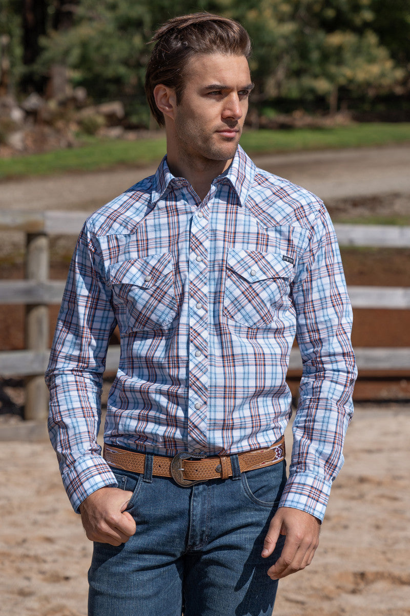 PURE WESTERN MENS LUCAS LONG SLEEVE SHIRT (WHITE/BLUE) - SALE