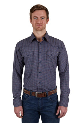 PURE WESTERN MENS AVONDALE L/S SHIRT (NAVY/ORANGE) - SALE