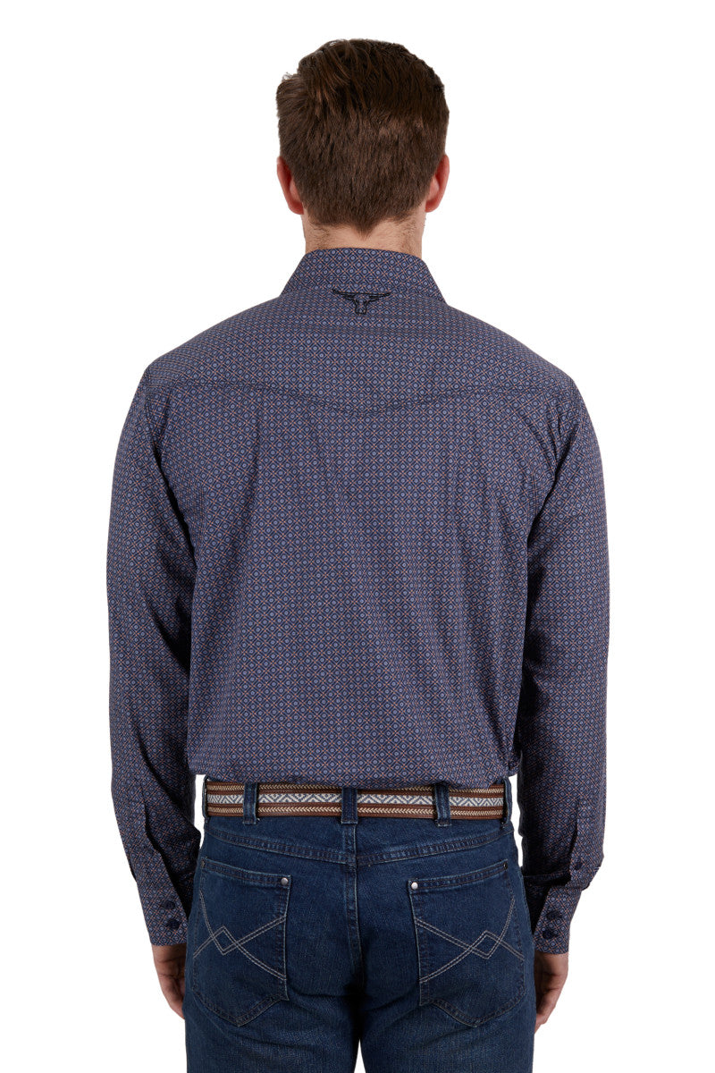 PURE WESTERN MENS AVONDALE L/S SHIRT (NAVY/ORANGE) - SALE