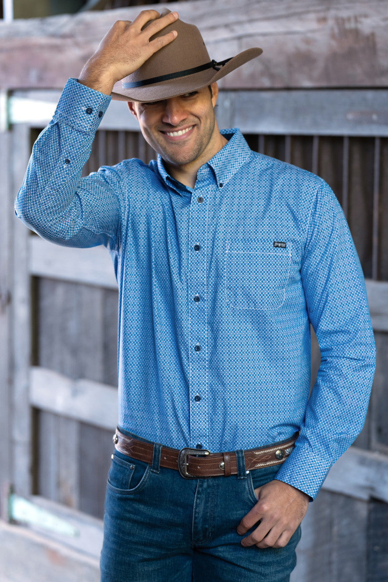 PURE WESTERN MENS HEWITT LONG SLEEVE SHIRT (BLUE/TEAL) - SALE