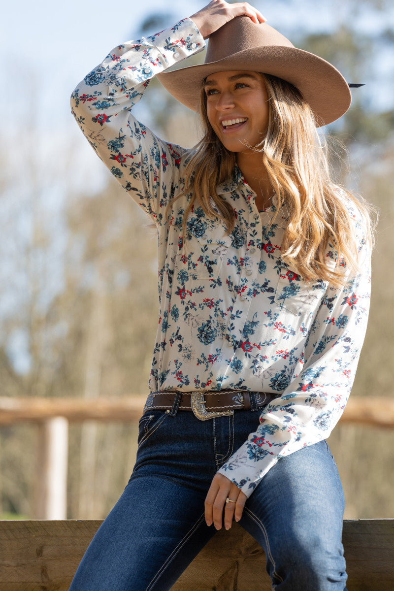 PURE WESTERN WOMENS FLORA L/S SHIRT (EGRET/MULTI)