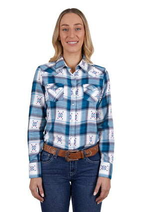 PURE WESTERN WOMENS CARITA L/S SHIRT (NAVY/TEAL)