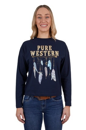 PURE WESTERN WOMENS ASTRID LONG SLEEVE TEE (NAVY)