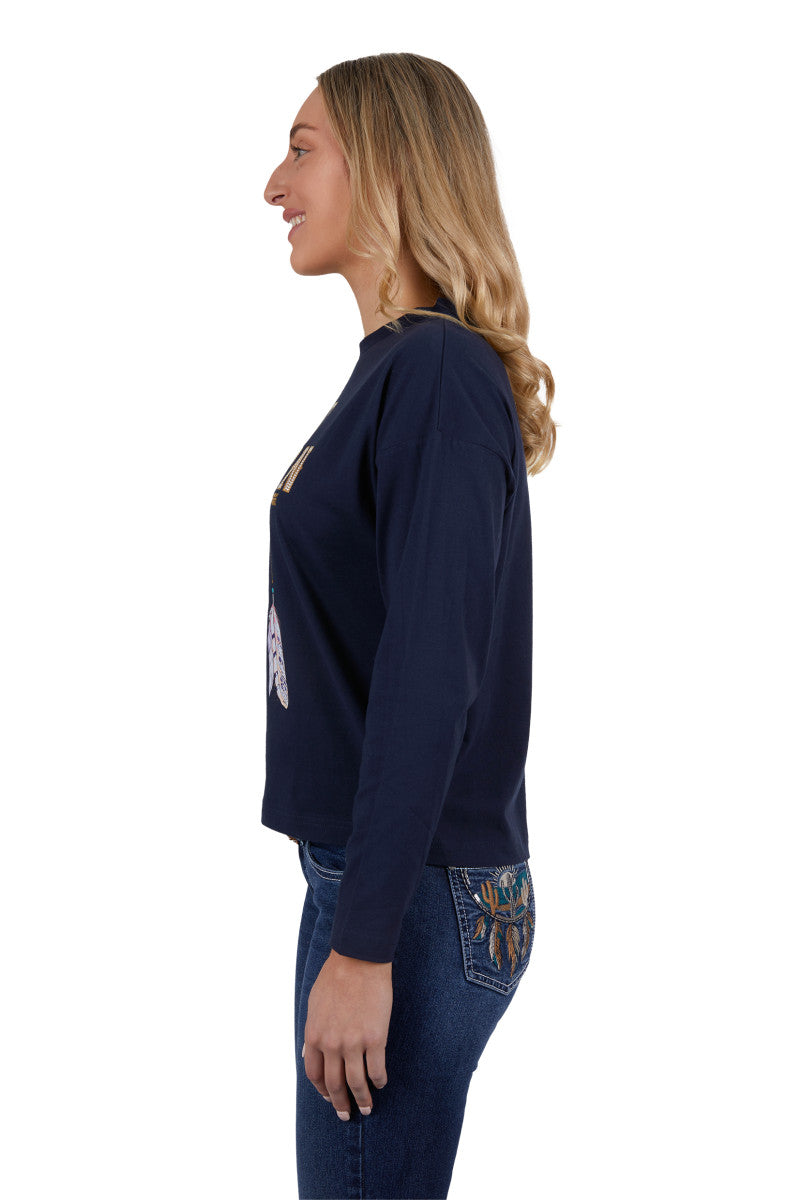 PURE WESTERN WOMENS ASTRID LONG SLEEVE TEE (NAVY)