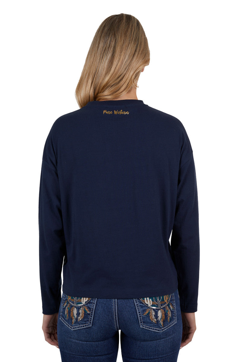 PURE WESTERN WOMENS ASTRID LONG SLEEVE TEE (NAVY)