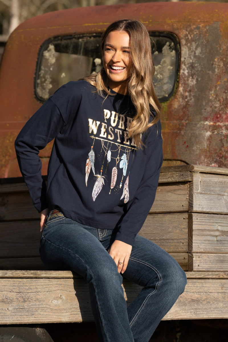 PURE WESTERN WOMENS ASTRID LONG SLEEVE TEE (NAVY)