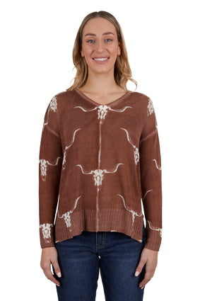 PURE WESTERN WOMENS VEOLA KNITTED PULLOVER (BROWN)