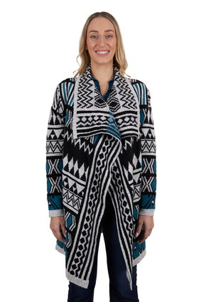 PURE WESTERN WOMENS DIANE KNITTED CARDIGAN (GREY/TEAL)