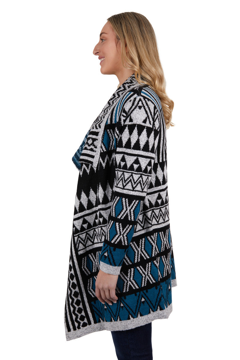 PURE WESTERN WOMENS DIANE KNITTED CARDIGAN (GREY/TEAL)