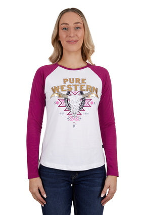 PURE WESTERN WOMENS ZOE LS RAGLAN TEE (WHITE/RASBERRY)