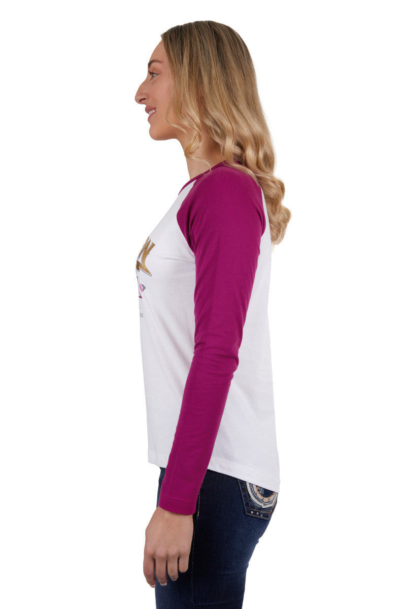 PURE WESTERN WOMENS ZOE LS RAGLAN TEE (WHITE/RASBERRY)