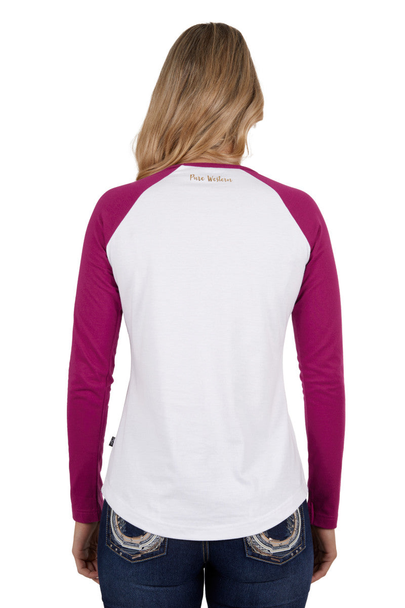 PURE WESTERN WOMENS ZOE LS RAGLAN TEE (WHITE/RASBERRY)