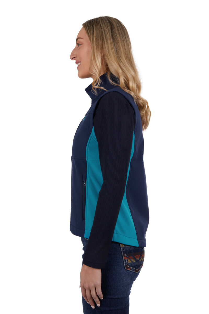 PURE WESTERN WOMENS TRACY SOFT SHELL VEST (NAVY/AQUA)