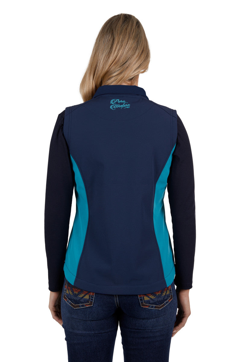 PURE WESTERN WOMENS TRACY SOFT SHELL VEST (NAVY/AQUA)