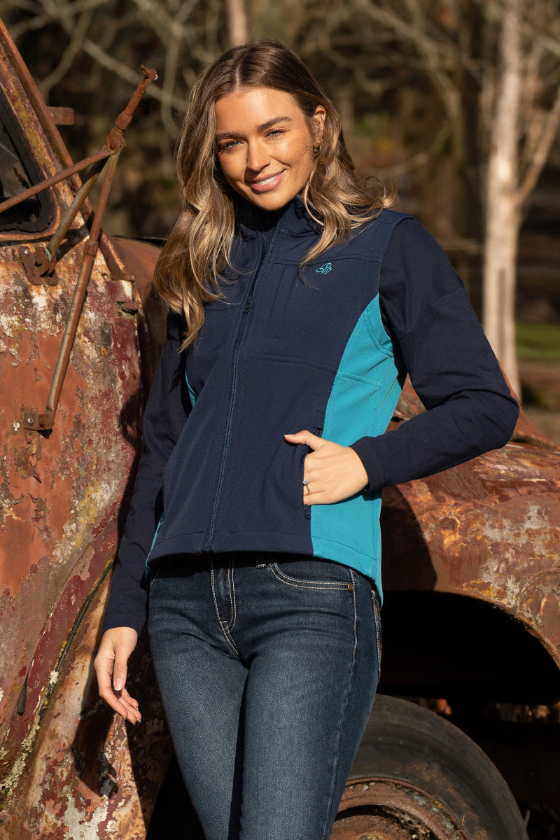 PURE WESTERN WOMENS TRACY SOFT SHELL VEST (NAVY/AQUA)