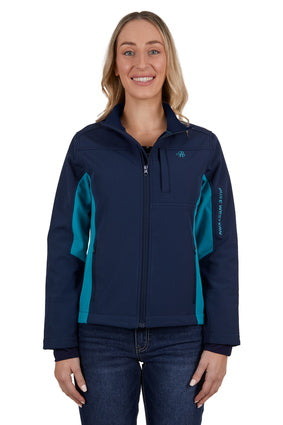 PURE WESTERN WOMENS TRACY SOFT SHELL JACKET (NAVY/AQUA)