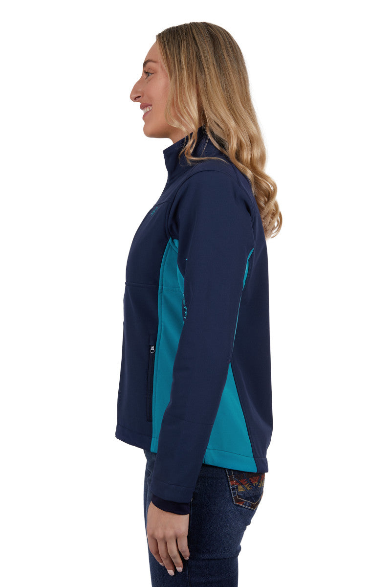 PURE WESTERN WOMENS TRACY SOFT SHELL JACKET (NAVY/AQUA)