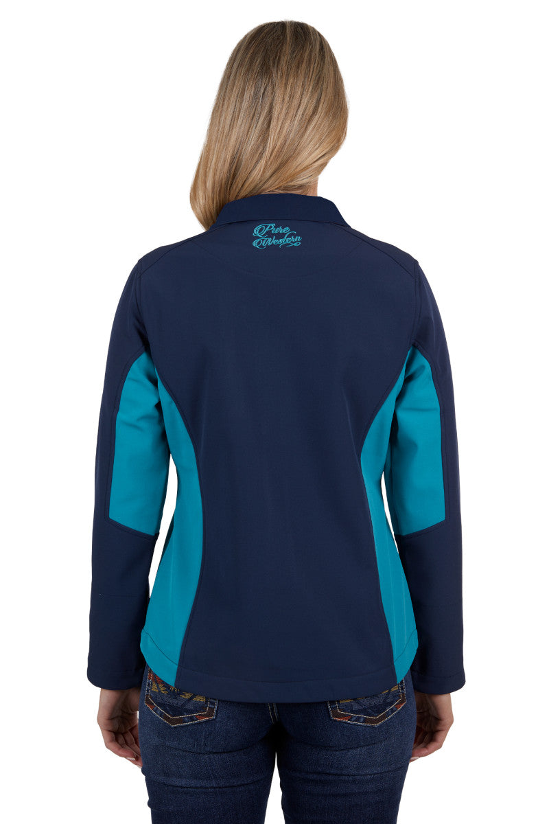 PURE WESTERN WOMENS TRACY SOFT SHELL JACKET (NAVY/AQUA)