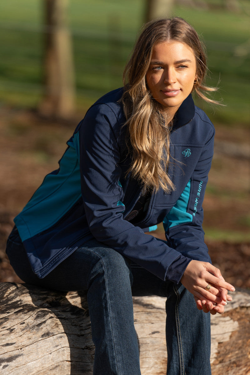 PURE WESTERN WOMENS TRACY SOFT SHELL JACKET (NAVY/AQUA)