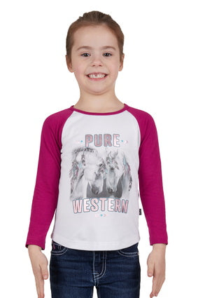 PURE WESTERN GIRLS ELA L/S RAGLAN TEE (WHITE/RASBERRY)