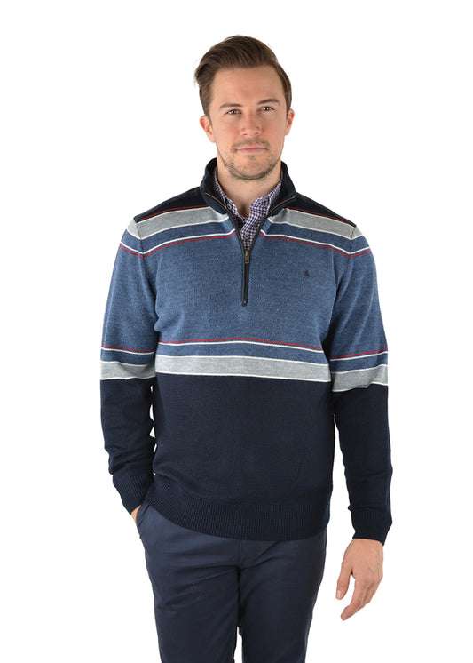 THOMAS COOK MENS CARRINGTON STRIPE MERINO BLEND RUGBY - NAVY/GREY