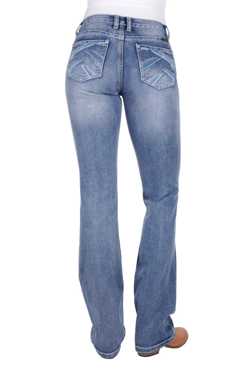 PURE WESTERN WOMENS CRISS CROSS RELAX RIDER JEAN