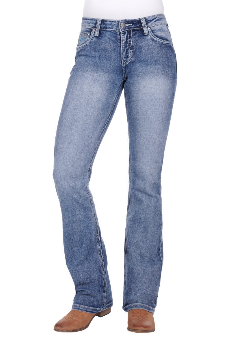 PURE WESTERN WOMENS CRISS CROSS RELAX RIDER JEAN