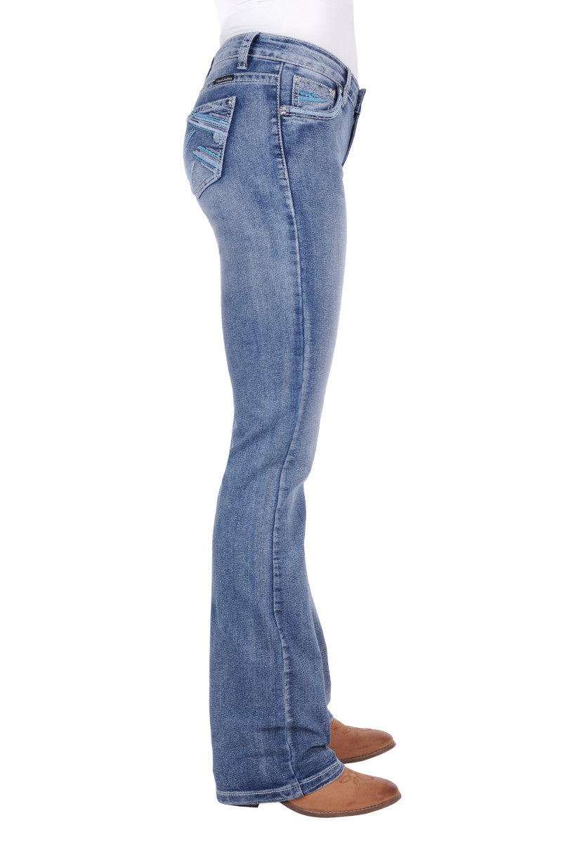 PURE WESTERN WOMENS CRISS CROSS RELAX RIDER JEAN