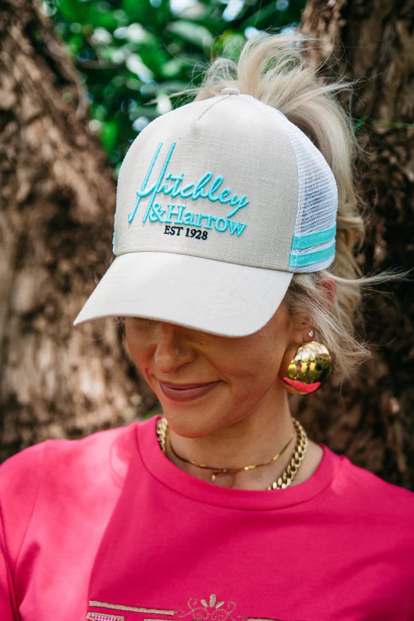 Hitchley & Harrow Women's Trucker Cap - Cream & Teal - Pony Tail