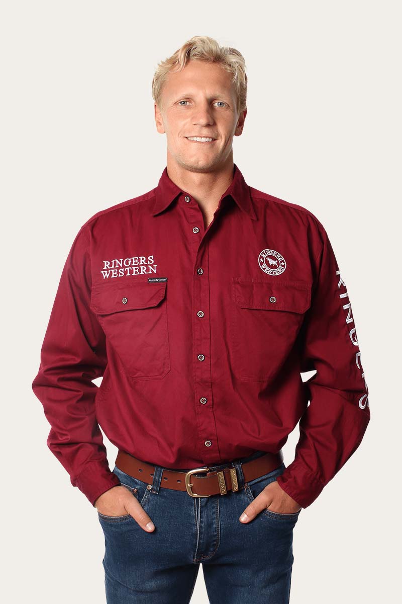 RINGERS WESTERN MENS HAWKEYE FULL BUTTON WORK SHIRT - BURGUNDY