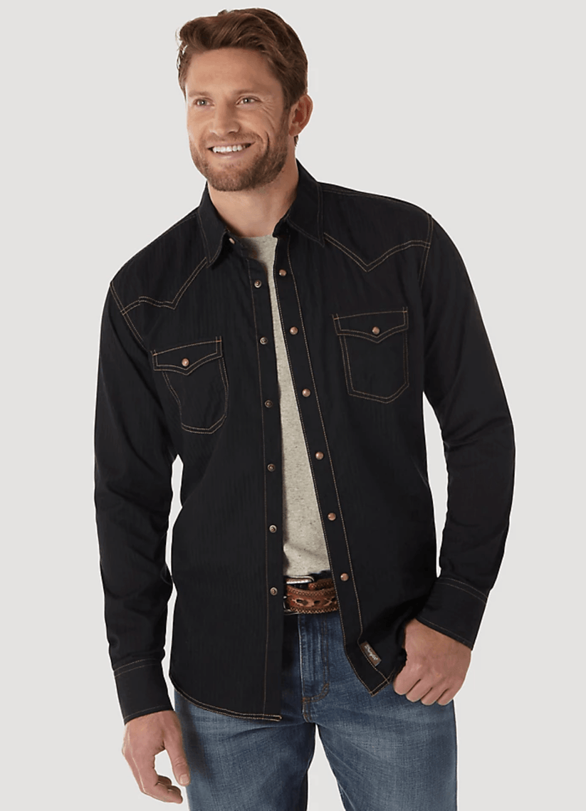 Wrangler Men Retro Long Sleeve Snap Solid Dobby Western Shirt