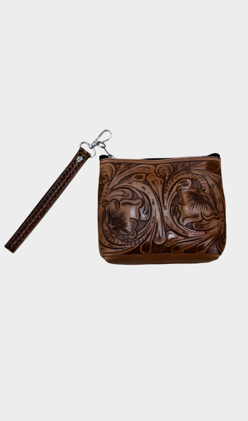 Austin Accent Leather Purse Wristlet Style Tooled with Zip