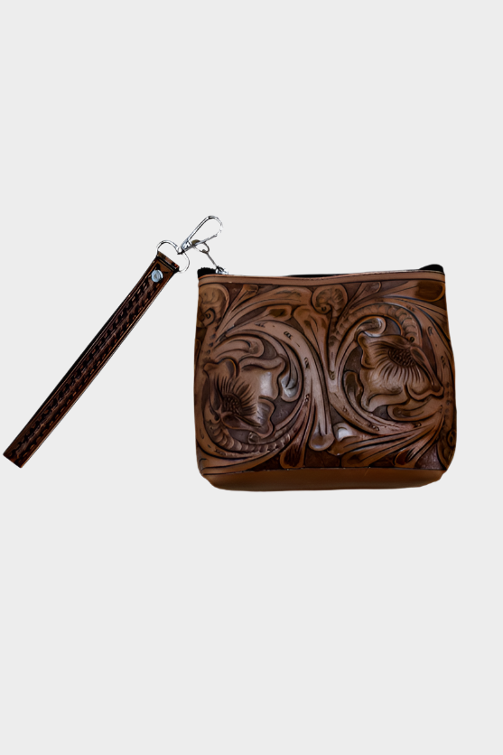 Austin Accent Leather Purse Wristlet Style Tooled with Zip