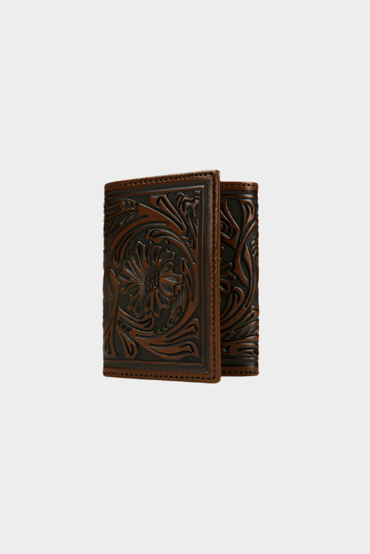 Stetson Tooled Leather Tri-Fold Wallet - Brown