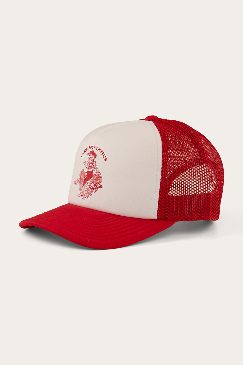 RINGERS WESTERN SOMEBODY'S PROBLEM TRUCKER CAP - RED/WHITE