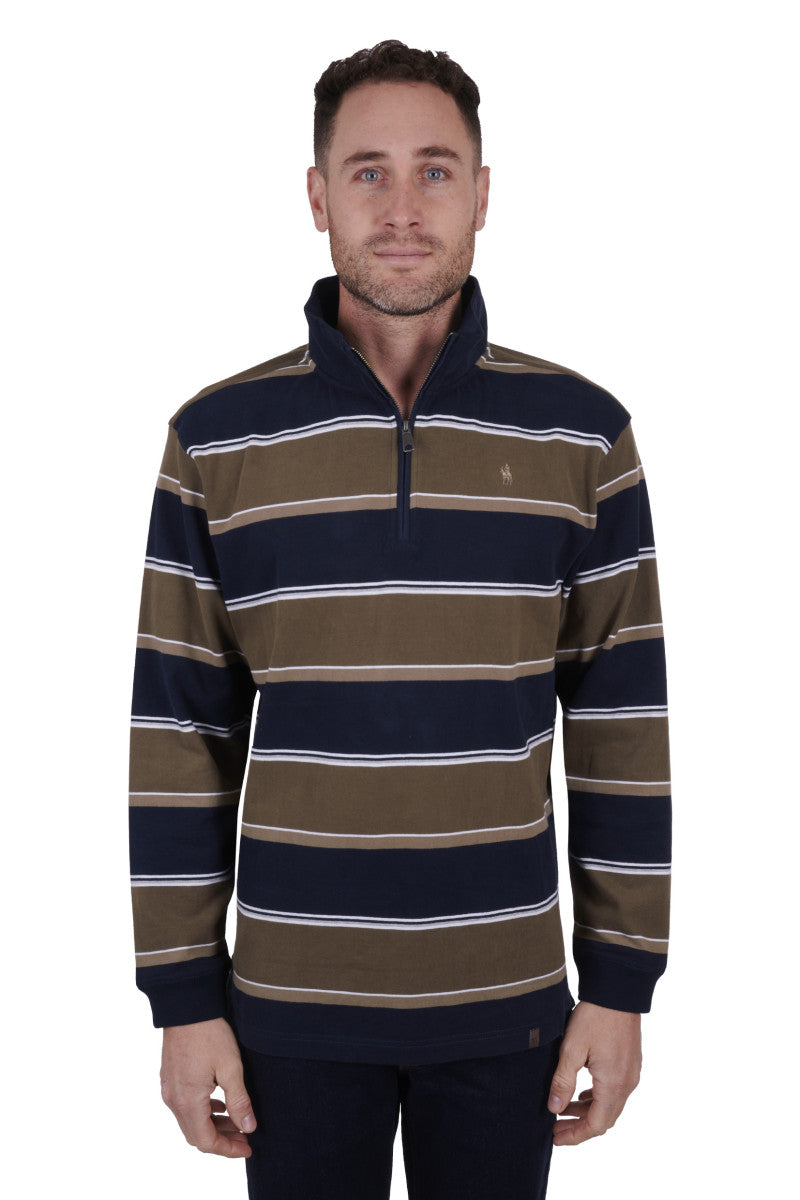 THOMAS COOK MENS ROSSDALE 1/4 ZIP RUGBY (NAVY/DARK TAN)