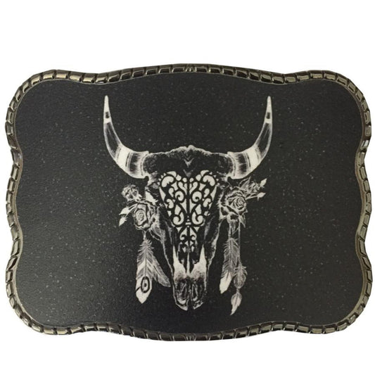 Brigalow Belt Buckle - Cow Skull Feathers on Black TB30006