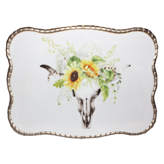 Brigalow Belt Buckle - Sunflower Cow Skull (White Skull) TB3025