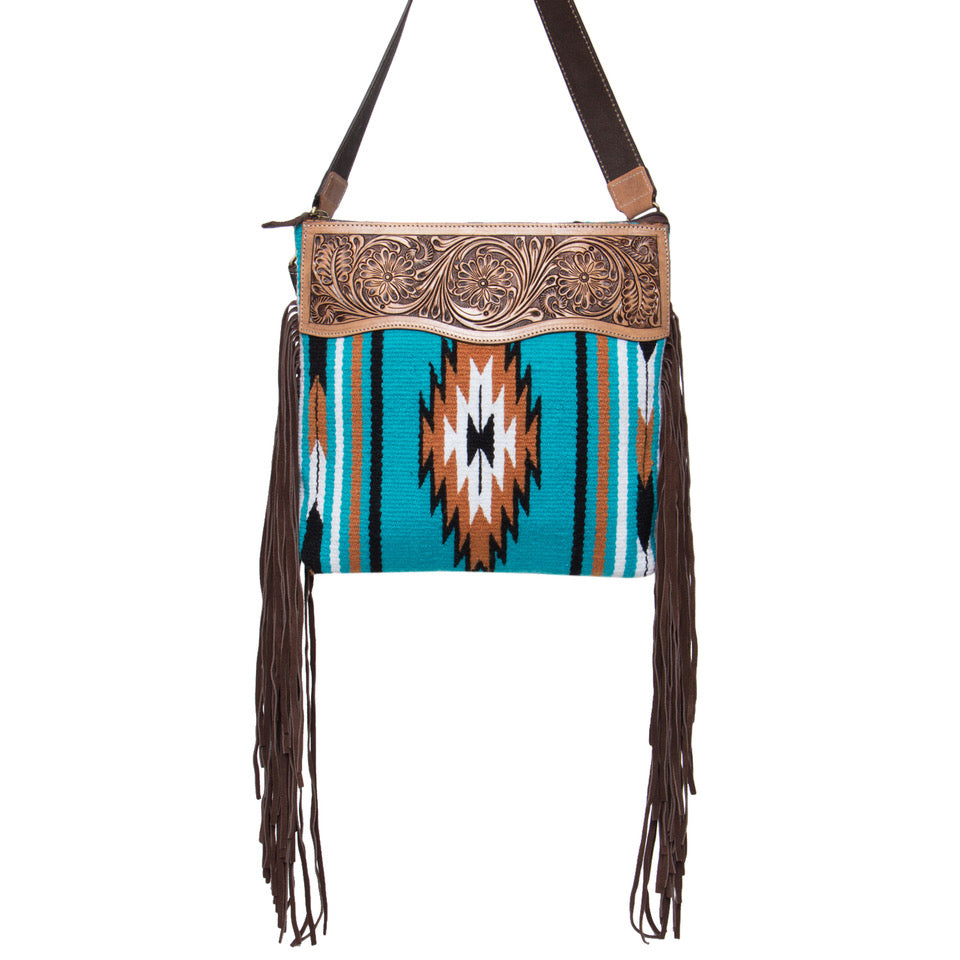 The Design Edge Turquoise Saddle Blanket Medium Bag with Tooled Leather – TSB13A