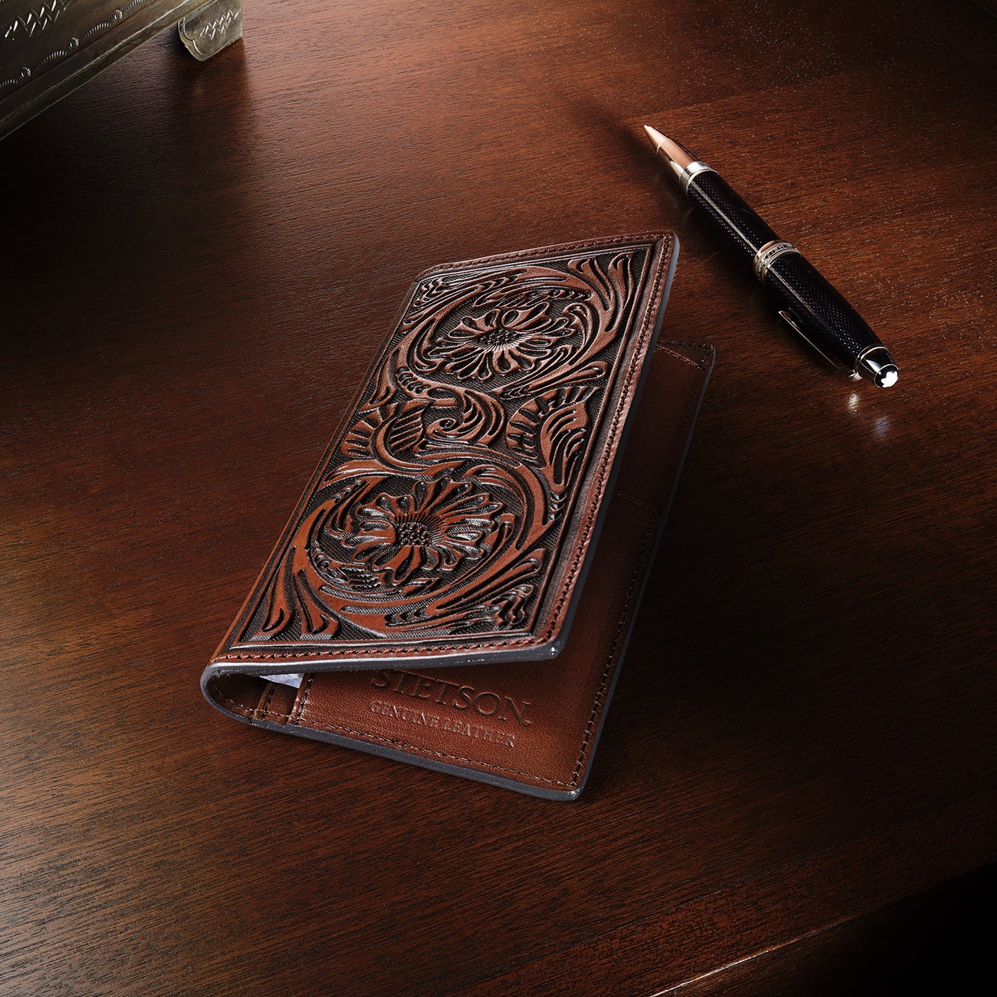 Stetson Tooled Leather Checkbook - Brown