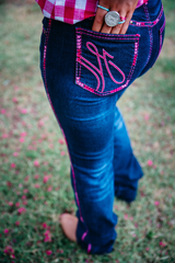 HITCHLEY & HARROW HIGH RISE - SR2202 "FAIRVIEW" HOT PINK STITCH JEANS