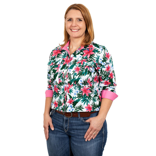 Just Country Women's Abbey Full Button - White Hibiscus