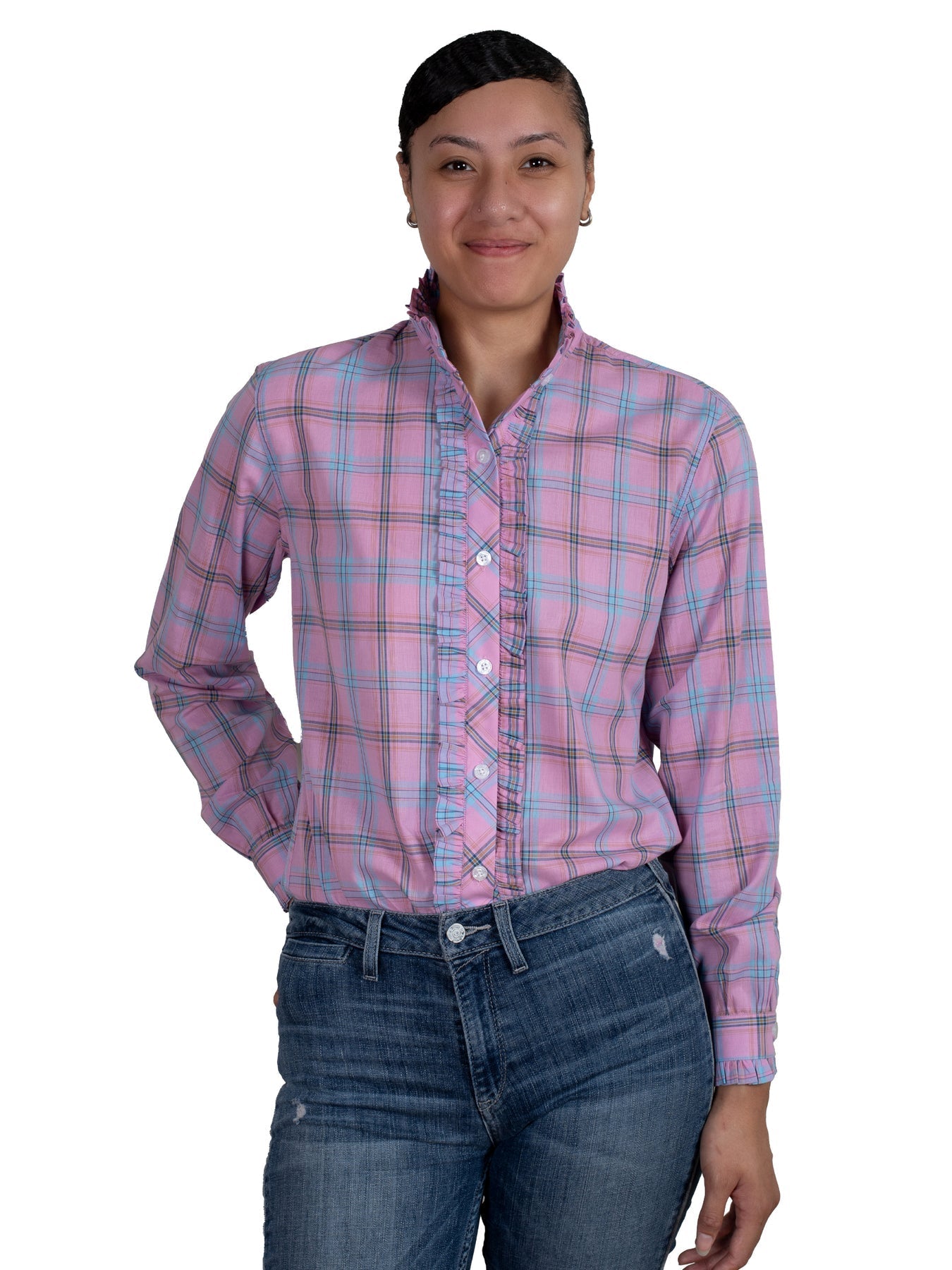 Just Country Women's Abbey Frills Full Button Work Shirt - Dusky Pink Plaid