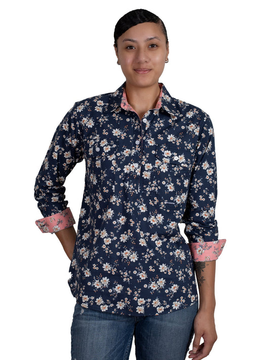 Just Country Women's Georgie Hlaf Button Work Shirt - Midnight Navy Magnolia